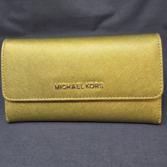 NWT Michael Kors Jet Set Travel Leather Trifold Wallet Signature Metallic Gold - Picture 1 of 9